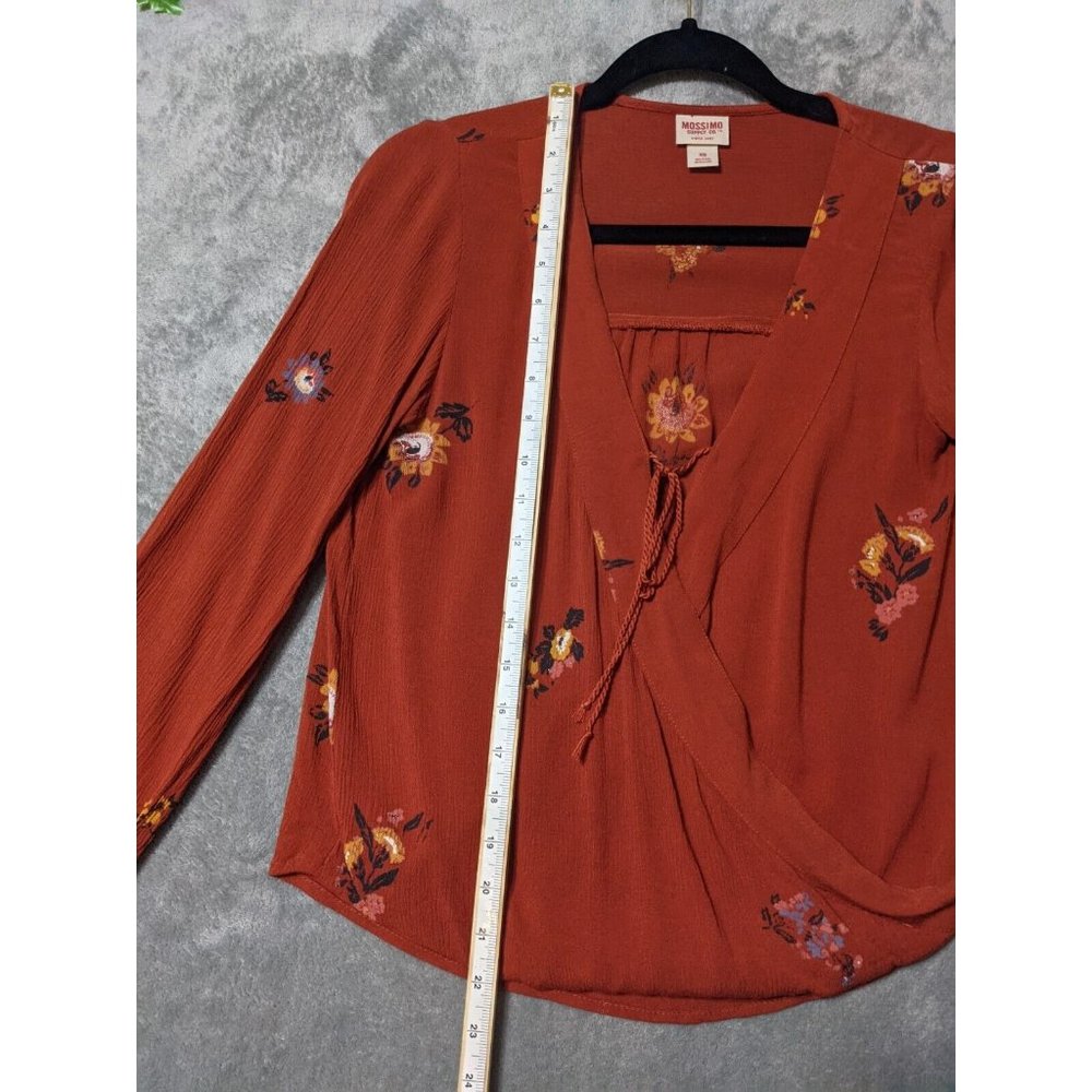 🍑MOSSIMO Bohemian Style 100% Rayon Women Floral Surplice Burnt Orange X-SMALL - Picture 2 of 12